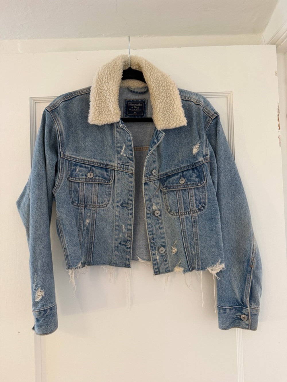 Abercrombie & Fitch Light Blue Distressed Denim Jacket with Cream Sherpa Collar